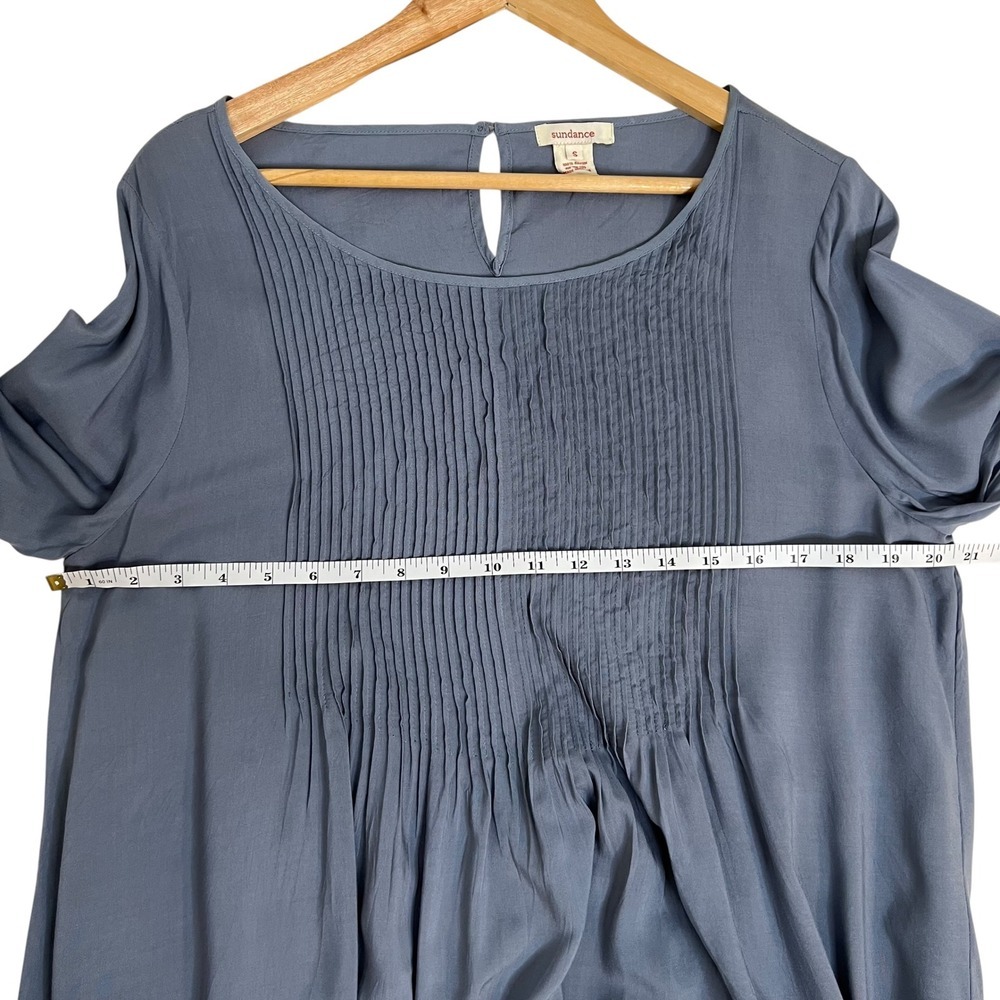 Sundance Catalog Pintuck Ling Sleeve Tunic Blouse Crochet Sleeve Dusty Blue SZ S - Picture 7 of 9